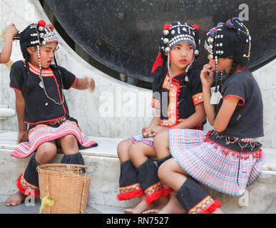 Akha tribe girls posing at the Wat Phra That Doi Suthep, Chiang Mai,Thailand Stock Photo