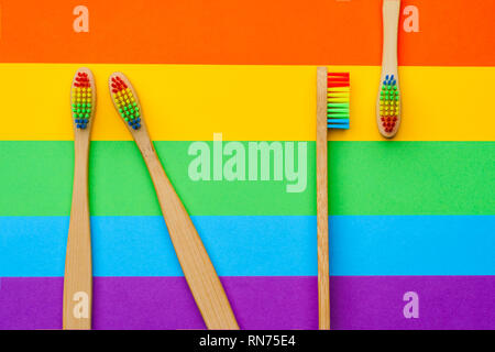 Image on top of four toothbrushes. Stock Photo