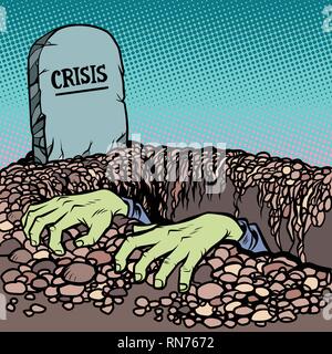 The corpse is chosen from a grave crisis. Business and Economics Psychology Zombie. Comic cartoon pop art retro vector illustration drawing Stock Vector