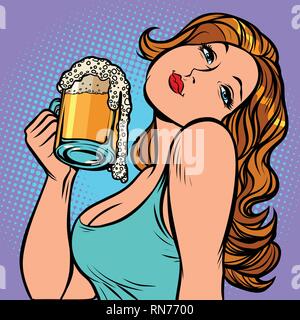 Woman with a mug of beer in profile. Oktoberfest Pub or bar. Comic cartoon pop art retro vector illustration drawing Stock Vector