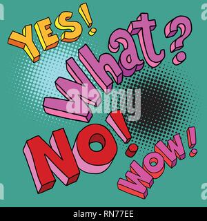 Yes no wow what text Comic cartoon pop art retro vector illustration drawing Stock Vector
