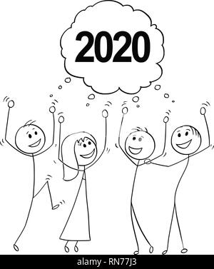 Cartoon of Group of Business People Celebrating New Year 2020 Stock Vector