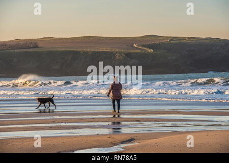 walking dog on Cornish beach in sunset Stock Photo