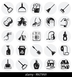 Cleaning icons set on circles background for graphic and web design, Modern simple vector sign. Internet concept. Trendy symbol for website design web button or mobile app. Stock Vector