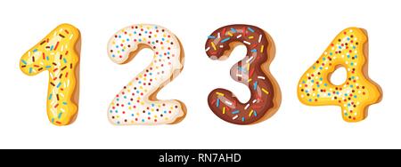 Donut icing numbers digits - 1, 2, 3, 4. Font of donuts. Bakery sweet alphabet. Donut alphabet latters A b C isolated on white background Stock Vector