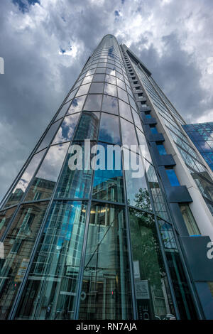 Frankfurt - July 26, 2016. Street level view of Main Tower. Located at neue mainzer street in the banking district (Bankenviertel) Stock Photo