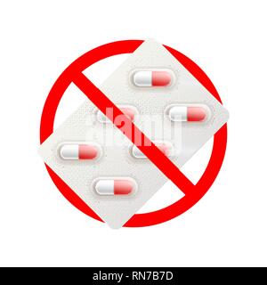 Pills are not allowed, red forbidden sign on white Stock Vector