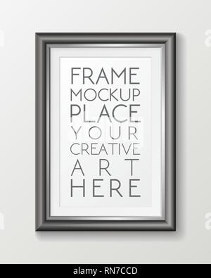 Realistic vertical gray frame template, frame on the wall mockup with decorative borders Stock Vector