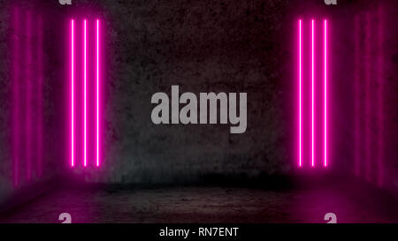 Empty dark abstract room with pink fluorescent neon lights. Stage, scene and night club party concept background with copy space for text or product d Stock Photo