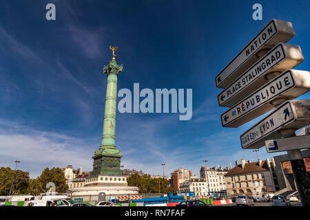 The July column in the centre of Place de la Bastille ,a famous historical square in Paris where the Bastille prison once stood. Stock Photo