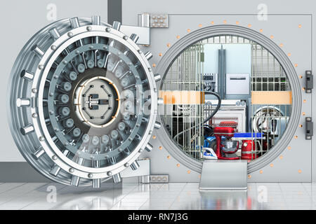 Household and kitchen appliances inside bank vault, guarantee and protection concept, 3D rendering Stock Photo