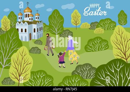 Happy Easter. Family with a child going to an Orthodox church to consecrate eggs and cakes. Horizontal Vector Stock Vector