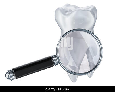 Tooth and magnifying glass isolated on green background. 3d ...