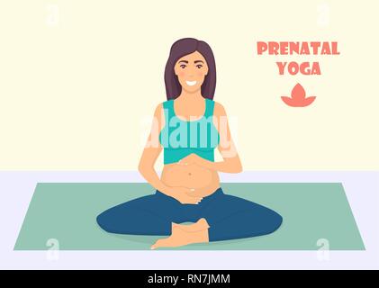 Pregnant woman doing yoga exercises on the mat. Pregnant women in lotos pose. Prenatal yoga. Vector illustration in flat style Stock Vector