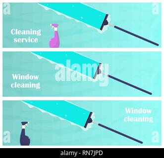 Window cleaning horizontal banners. Glass scraper glides over the glass, making it clean. Window cleaning service concept. Vector illustration in flat Stock Vector
