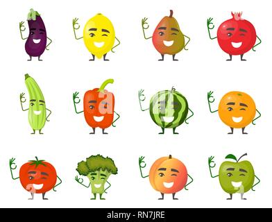 Large set of funny fruits and vegetables cartoon characters smiling with hands and legs isolated on white background. Cheerful food mascots in flat de Stock Vector