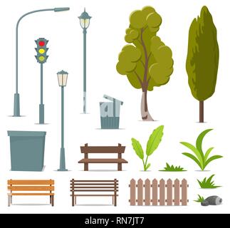 City and outdoor elements. Set of urban objects. Street lamp, traffic light, tree, bench, trash can, urn, bushes, grass plants stone fence Vector illu Stock Vector
