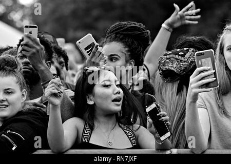 Monochrome image of young people in the crowd enjoying the music at the 2018 Liverpool International Music Festival in Sefton Park Liverpool UK. Stock Photo