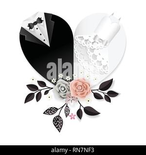 Wedding card with paper cut flowers and heart shape clothes of bride and groom Stock Vector