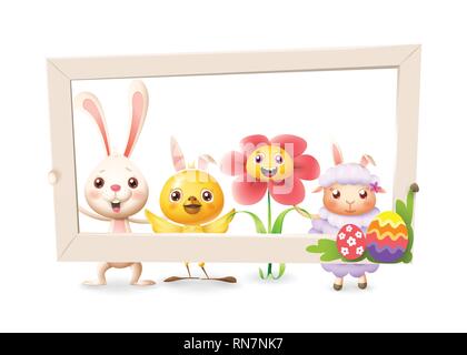 Easter bunny chicken flower and lamb celebrate Easter with social network photo frame - isolated on white background Stock Vector