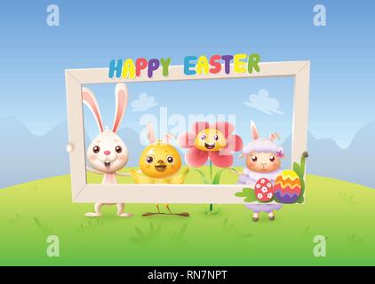 Happy cute bunny chicken flower and lamb celebrate Easter with social network photo frame - spring landscape background Stock Vector