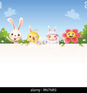 Easter characters bunny chicken lamb and flower on top of billboard - landscape background Stock Vector