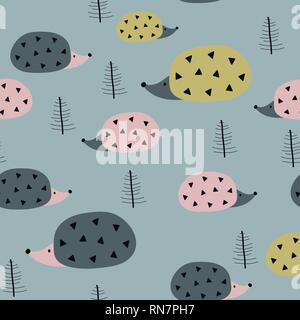 Seamless pattern with hedgehogs. Creative scandinavian background. Vector Illustration Stock Vector