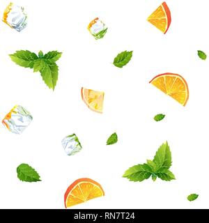 Seamless pattern, fresh orange, mint and Ice cubes Stock Vector