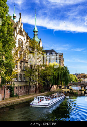 Strasbourg, Alsace, France, Batorama sightseeing river cruise boat, Ill river, residential buildings, Stock Photo