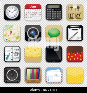 Set of app icons on transparent background. Vector illustration. Stock Vector