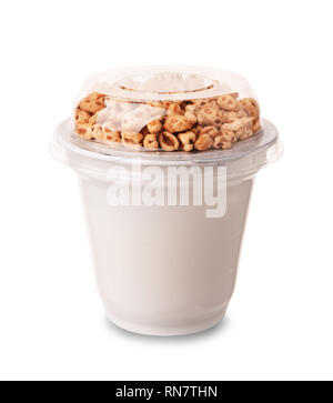 Yoghurt in package with puffed rice, mock-up isolated on a white background Stock Photo