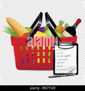 Shopping basket with foods and shopping list isolated on transparent background. Vector illustration. Stock Vector