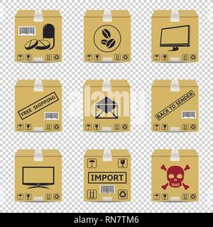 Shipping cardboard boxes isolated on transparent background Stock Vector
