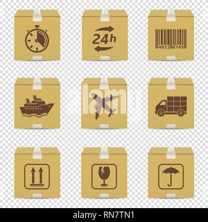 Cardboard box icons with logistic signs isolated on transparent background Stock Vector