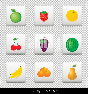 Buttons with fruits isolated on transparent background Stock Vector