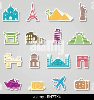 Landmarks stickers on grey background Stock Vector