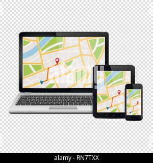 GPS map on display of modern digital devices isolated on transparent background Stock Vector