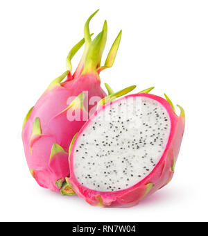 Isolated dragonfruit. Cut white fleshed pitaya fruit isolated on white background with clipping path Stock Photo