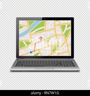 GPS map on display of laptop isolated on transparent background Stock Vector
