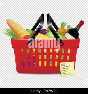 Shopping list and red basket with foods isolated on transparent background Stock Vector