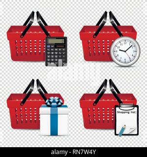 Red plastic shopping baskets with different objects: calculator, clock, gift box and shopping list Stock Vector