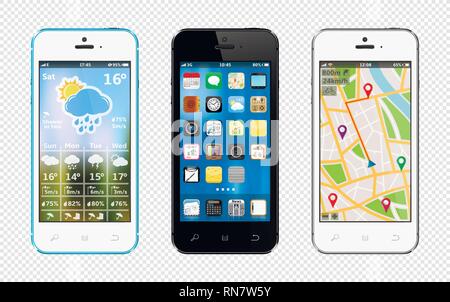 Smart phones with widgets and icons isolated on transparent background Stock Vector