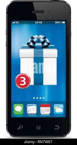 Smart phone with new gift box app on the screen isolated on transparent background Stock Vector