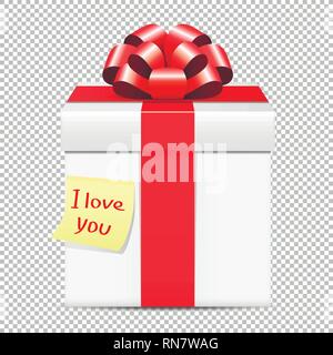 White gift box with red bow and yellow paper note isolated on transparent background Stock Vector