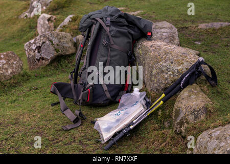 Preparation for the hike in Wales. Checking if all the relevant equipment is packed. Stock Photo