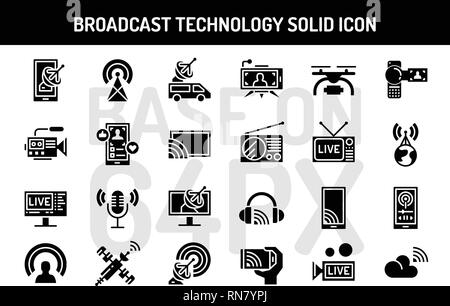 Broadcast technology solid icons set. Pixel perfect icon base on 64PX Stock Vector
