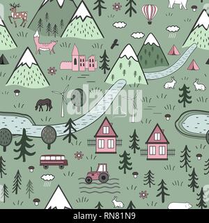 Cute Hand Drawn Scandinavian Vector Seamless pattern with houses, animals, trees, old castle and mountains. Nordic nature landscape concept. Perfect. Stock Vector