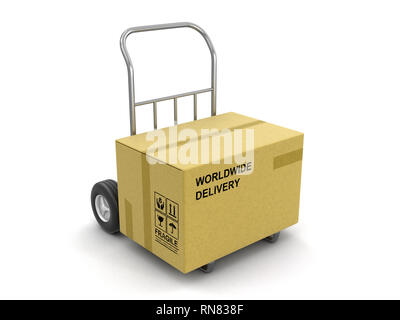 Cardboard Box on Hand Truck. Image with clipping path Stock Photo