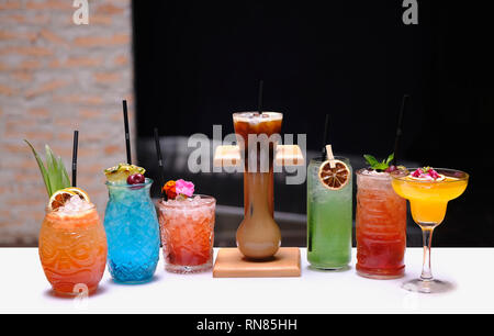 Group of refreshing mixed fruit cocktails with striking colors Stock Photo