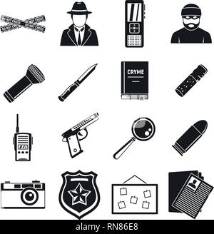 Detective crime investigation icons set. Simple set of detective crime investigation vector icons for web design on white background Stock Vector